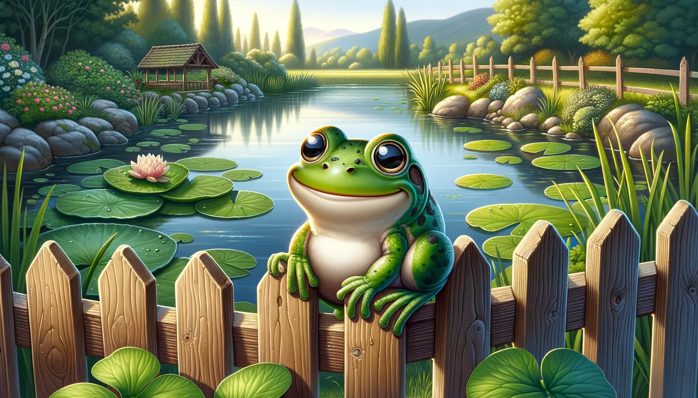 Frog by the Pond - A charming frog sitting on a fence close to a tranquil pond, with lily pads and reflections on the water's surface. - AI image generated with Art