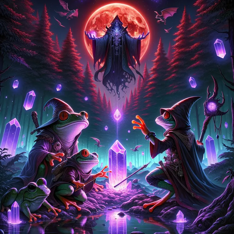 Frogs Summon Crystals in Mystic Forest - wizard frog, gnome frog, rogue frog summoning large purple crystals from the ground in a mystical forest with an evil wizard in the midnight sky with a red moon in the background
 - AI image generated with Art - distorted reflections and shadows, ethereal and inspirational, night lighting