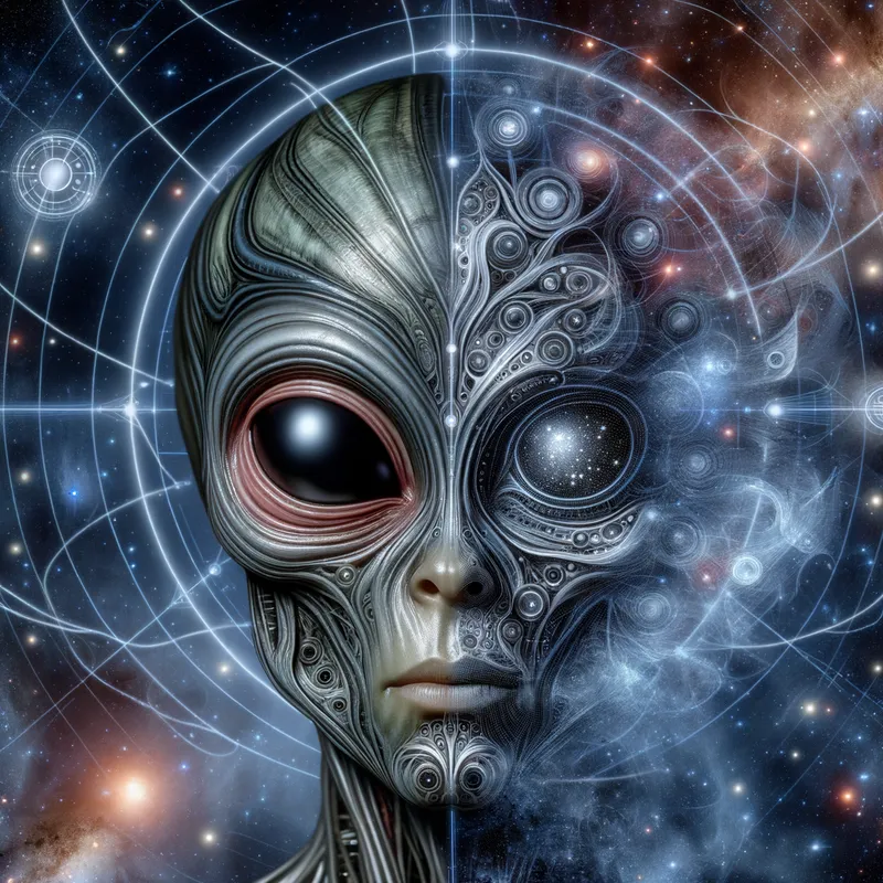 From Alien to Human - A close-up of an alien face slowly changing into a human face, highlighting the details of the transformation. The backdrop is an abstract space with hints of cosmic elements and scientific apparatus. - AI image generated with Art