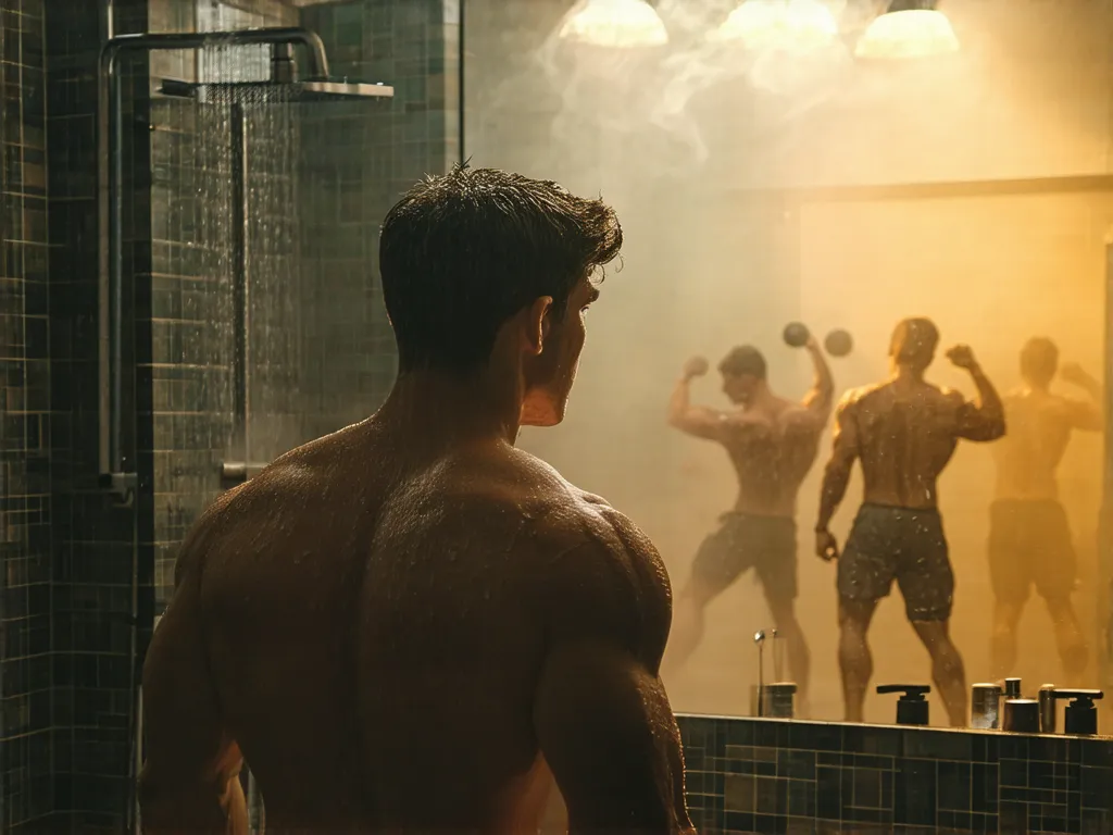From Despair to Sunlit Dreams -  Open with a dimly lit bathroom, steam rising from a shower in the background. A lean, frustrated young man stares into a foggy mirror, flexing his arms with disappointment. Close-up on his face—grit, determination, and a flicker of self-doubt in his eyes. Cut to rapid flashes of gym scenes: clanging weights, sweat dripping, and a scale needle stuck in place. Transition to a vibrant montage of shredded physiques flexing under golden-hour sunlight, symbolizing the dream transformation. The mood shifts from frustration to hope.  
**Camera Movements**: Start with a slow dolly-in on the mirror, reflecting the man’s face. Quick cuts for the gym montage—handheld shots of weights and sweat for raw energy, then a smooth crane shot rising over the shredded physiques, basking in sunlight.  
**Color Grading Style**: Moody desaturated tones (bluish-gray) for the bathroom to convey frustration, transitioning to warm, golden hues for the aspirational physiques, using a teal-orange blockbuster LUT for contrast.  
