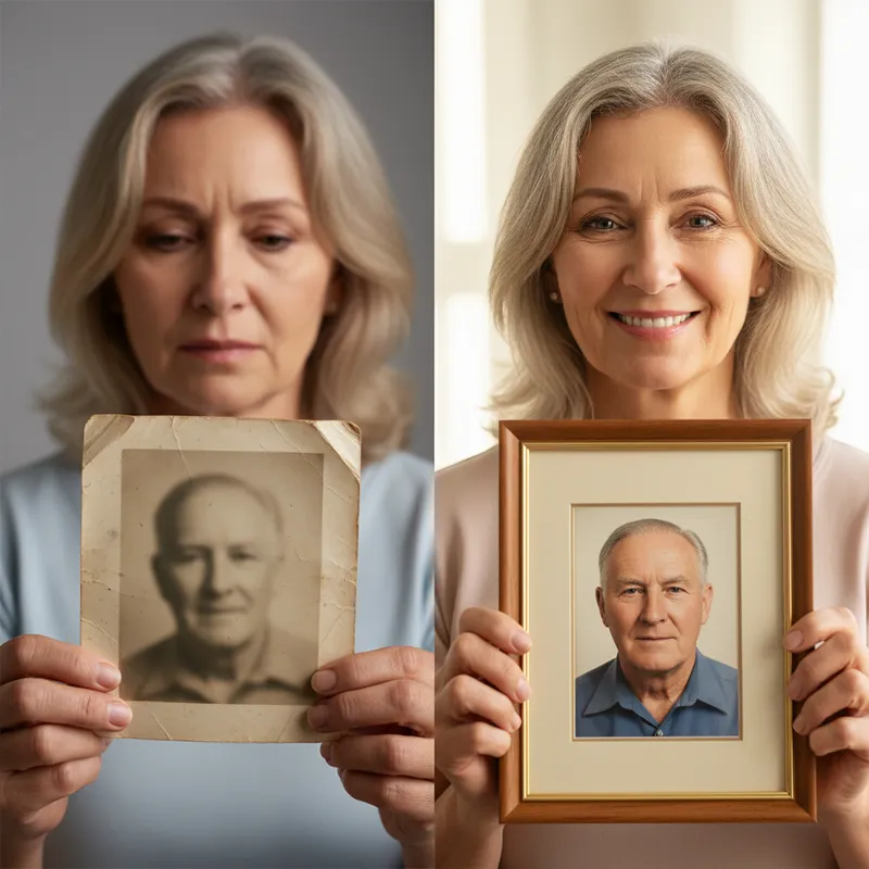 From Faded Grief to Framed Joy - A middle-aged woman displayed on a diptych: on the left she's sad and holding an old blurred wrinkled photograph of her late father, on the right she's smiling and holding the restored version of the photograph - colorful with no wrinkles and in a nice frame. - AI image generated with Nano Banana