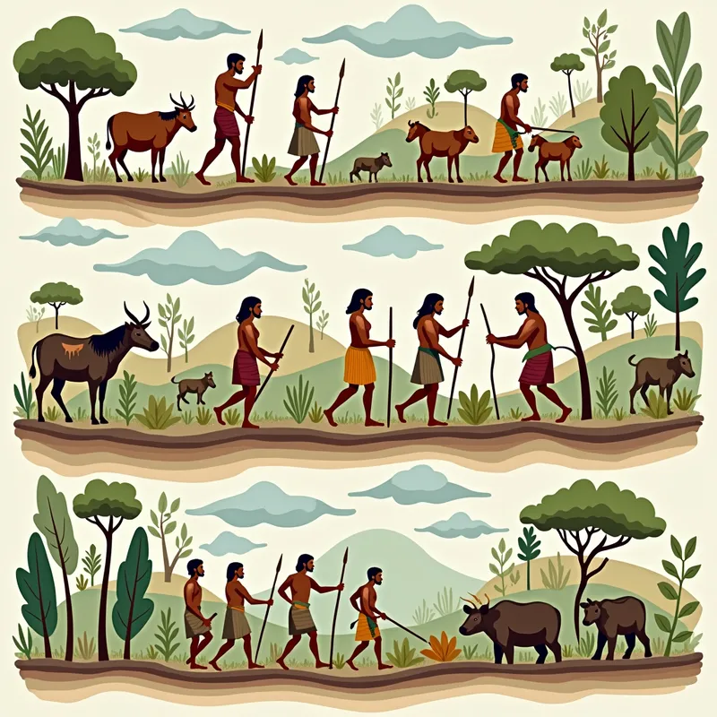 From Foraging to Farming - A dynamic illustration depicting the transition from foraging lifestyles of hunter-gatherers to the farming practices of agricultural societies, annotated with significant nutritional differences. - AI image generated with Photorealistic 2