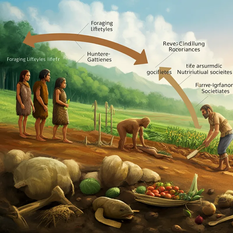 From Foraging to Farming - A dynamic illustration depicting the transition from foraging lifestyles of hunter-gatherers to the farming practices of agricultural societies, annotated with significant nutritional differences. - AI image generated with Imagen 3