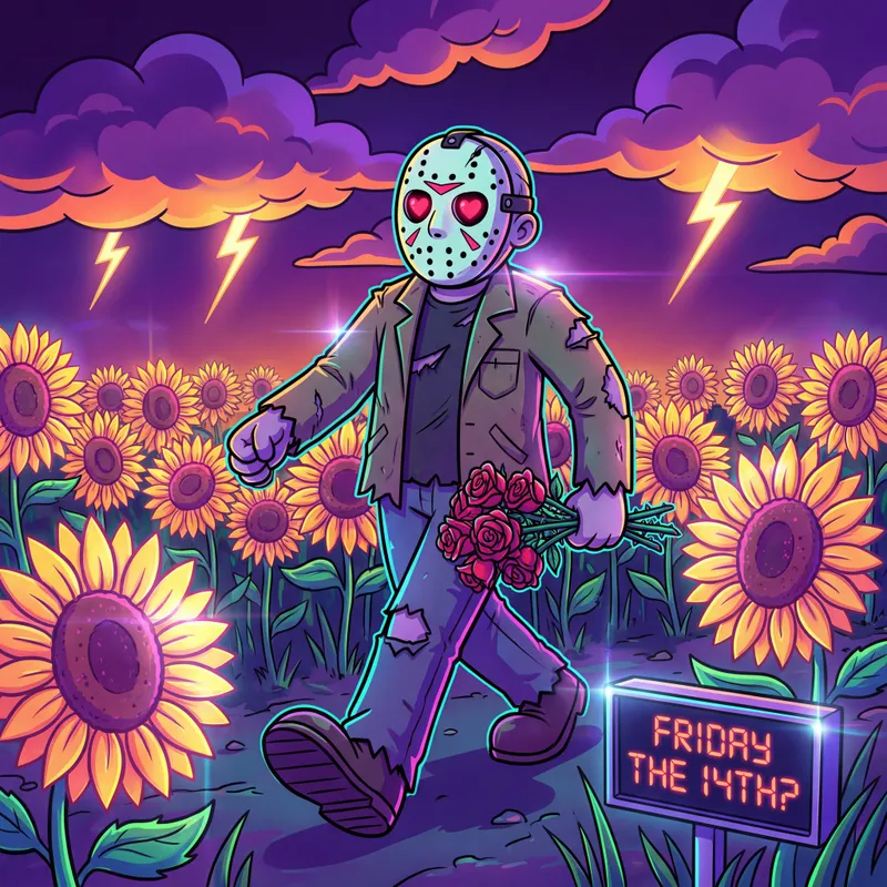 From Horror to Heart: Jason’s Love Confession - A playful cartoon scene: A heart-eyed Jason-masked character strides through a vibrant sunflower field, roses in hand, under dramatic skies foreshadowing a thunderstorm. The mood mixes spooky Friday the 13th energy with the excitement of an impending Valentine’s Day proposal, highlighting Jason’s surprising, confident search for peace and romance. - AI image generated with 4K Pro - vivid colors, cartoony, cyberpunk