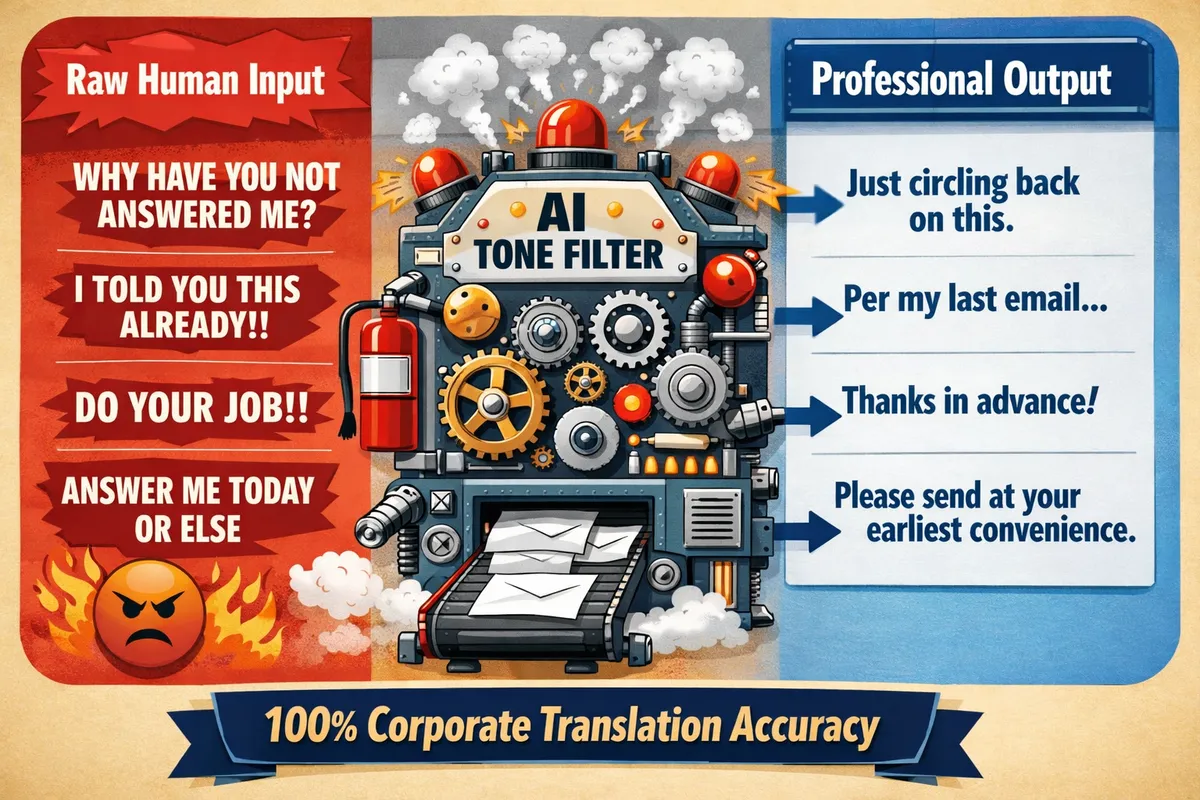 From Rant to Polite: Email Filter - Make a humorous infographic that shows how AI takes the real, emotionally charged version of an office email and transforms it into the polished, professional version we actually send.
Sections to include:
“Raw Human Input” — angry, sarcastic, unfiltered thoughts
“AI Tone Filter” — a funny visual of gears, smoke, alarms, and a fire extinguisher
“Professional Output” — the calm, overly polite email phrasing
Example transformations to feature as text:
“WHY HAVE YOU NOT ANSWERED ME?” → “Just circling back on this.”
“I TOLD YOU THIS ALREADY!!” → “Per my last email…”
“DO YOUR JOB!!” → “Thanks in advance!”
“ANSWER ME TODAY OR ELSE” → “Please send at your earliest convenience.”
There is a tagline at the bottom: “100% Corporate Translation Accuracy”
- AI image generated with GPT Image