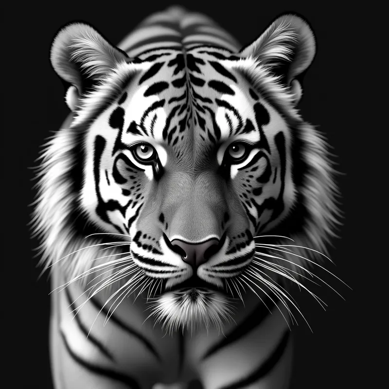 Front-Facing Grayscale Tiger - grayscale realistic image of a tiger front facing profile - AI image generated with Photorealistic 2