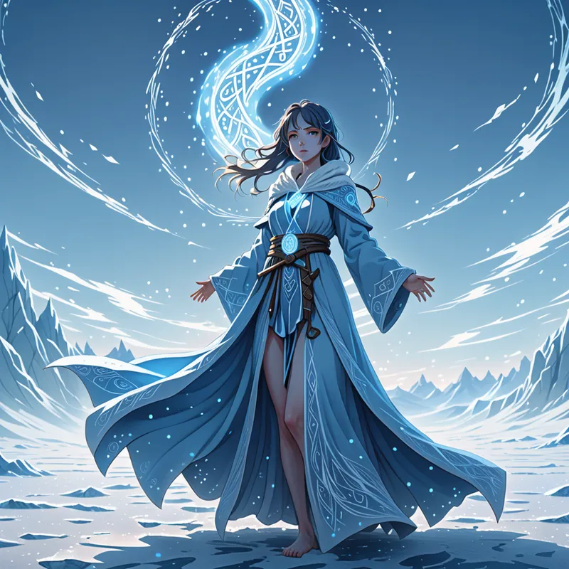 Frostborn Sorceress - An anime-style girl standing in a vast icy land under a pale blue sky, wearing flowing blue magical robes with glowing runes, surrounded by sparkling frost and swirling arcane energy, cinematic lighting, highly detailed, ethereal atmosphere - AI image generated with Fictional