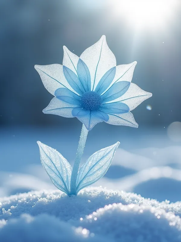 Frosty Blue Glass Blossom - A stunning flower made of frosted glass, with icy, pale blue hues, set in a wintery landscape that highlights its cold, crystalline beauty - AI image generated with Flux