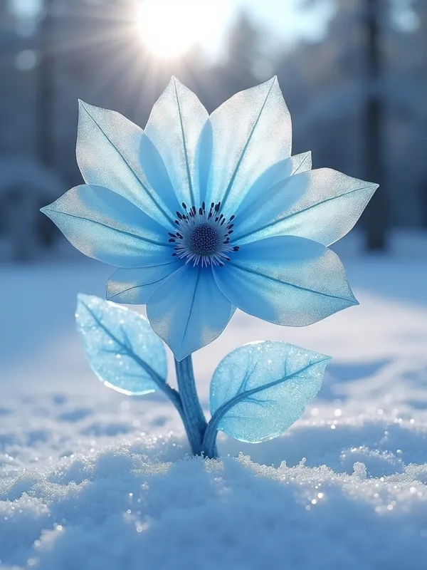 Frosty Blue Glass Blossom - A stunning flower made of frosted glass, with icy, pale blue hues, set in a wintery landscape that highlights its cold, crystalline beauty - AI image generated with Flux