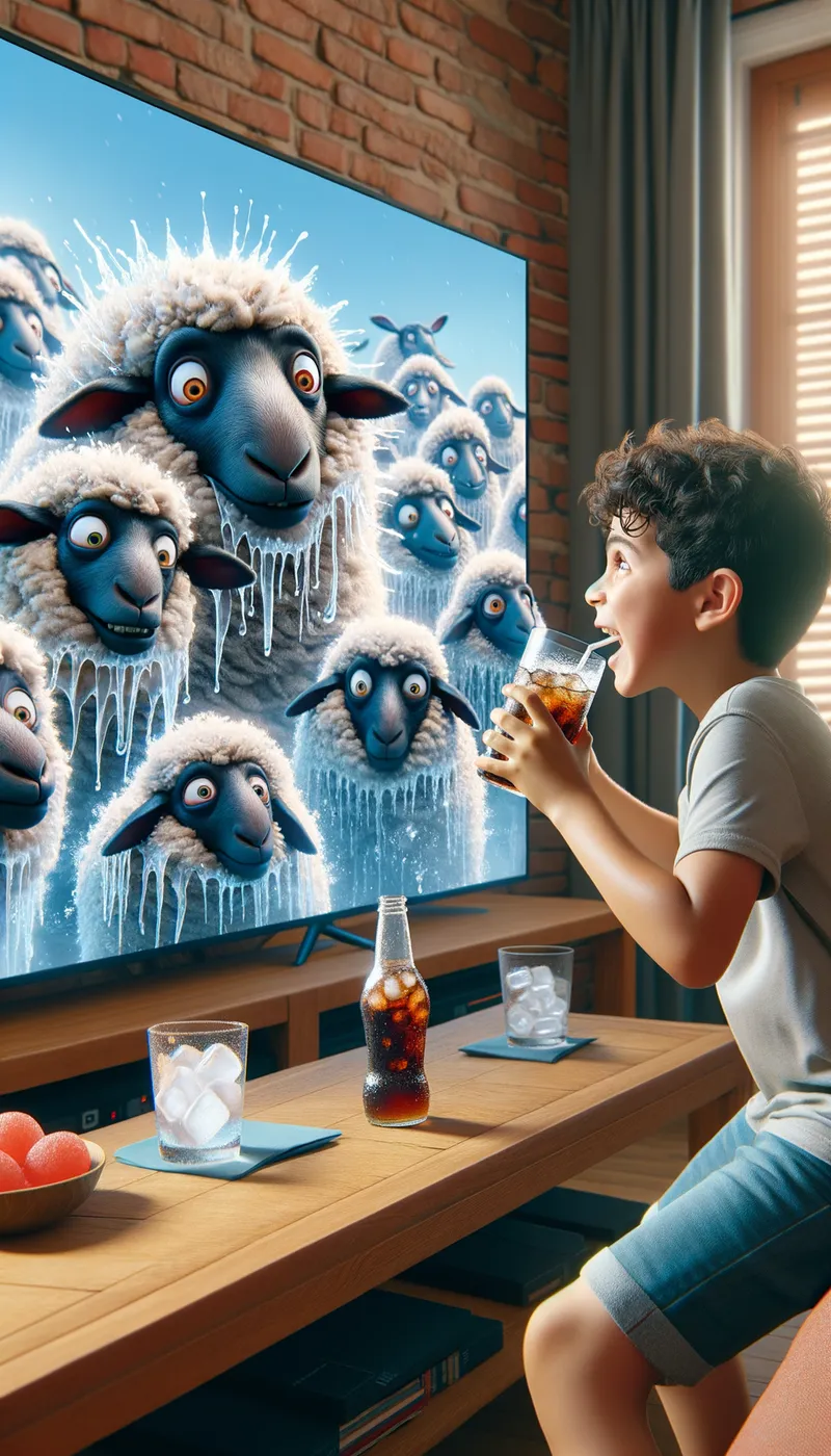 Frosty Confrontation - In a desperate attempt to combat the oppressive heat, a boy reaches for a refreshing soda and fills a glass with ice, only to become enthralled by the unexpected sight of a group of sheep engaged in a heated discussion on the television screen before him. - AI image generated with Art
