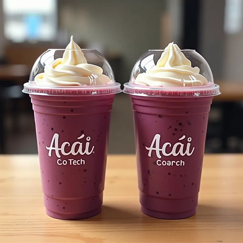 Frozen Açaí Delight - Create an image of a frozen açaí combo, containing 2 cups of 300 ML + 1 cup of 400 ML that will be free. I will place it on the iFood platform, so make a very attractive image for customers with good marketing, please. Also, include the name of our store, which is Açaí & Tech. I want those transparent disposable cups from the Cristal Copo brand (but please do not include the brand name in the image), this is just to give more details of how I want the image. - AI image generated with Text