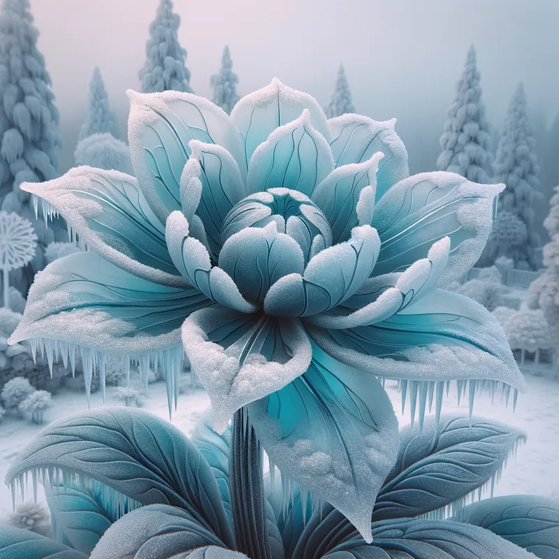 Frozen Crystal Flower - A stunning flower made of frosted glass, with icy, pale blue hues, set in a wintery landscape that highlights its cold, crystalline beauty. - AI image generated with DALL-E 3