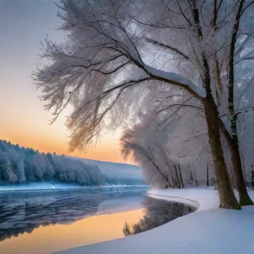 Frozen Lake - A tranquil frozen lake surrounded by snow-covered trees and hills. The ice is clear, reflecting the surrounding landscape, and there's a pair of ice skates left near the shore. - AI image generated with Fictional - highlights: Nikon D700, Nikkor 50mm 1.8