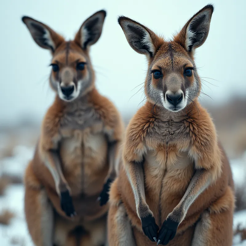 Frozen Outback Champions - Muscular kangaroos with windswept fur and thick diapers are enduring a bitterly cold and windy day, their posture indicating determination and perseverance. - AI image generated with Photorealistic 2