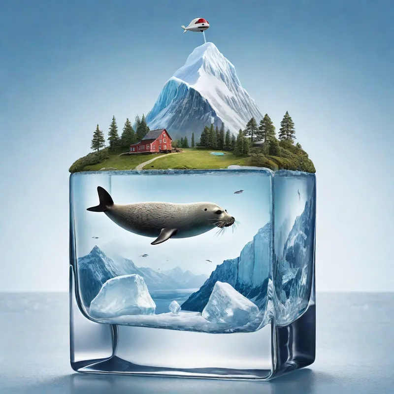 Frozen Summit Seal - A creative interpretation of a seal with a scenic hill on its back and a quirky propeller hat, all contained within a flawless, transparent ice cube - AI image generated with Photorealistic