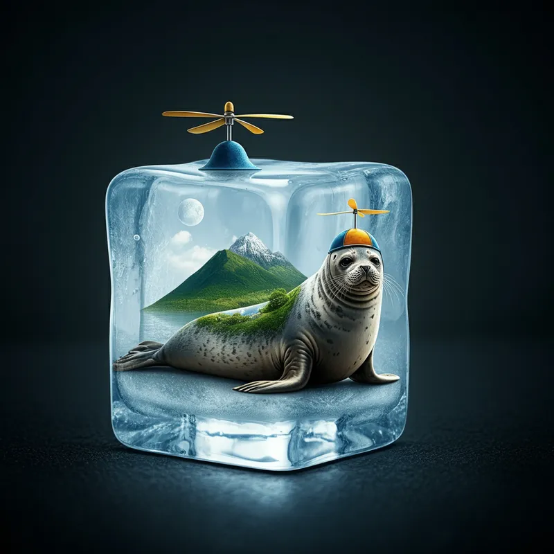 Frozen Summit Seal - A creative interpretation of a seal with a scenic hill on its back and a quirky propeller hat, all contained within a flawless, transparent ice cube - AI image generated with Imagen 3