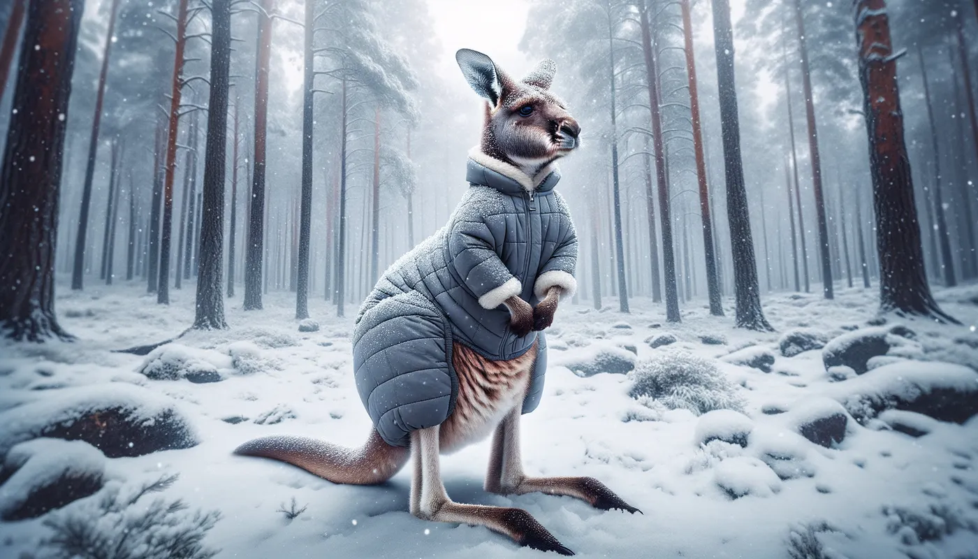 Frozen Wonder Kangaroo - A buff kangaroo dressed in a protective diaper stands in a winter forest, marveling at the icy surroundings and the snow falling gently for the first time. - AI image generated with Art