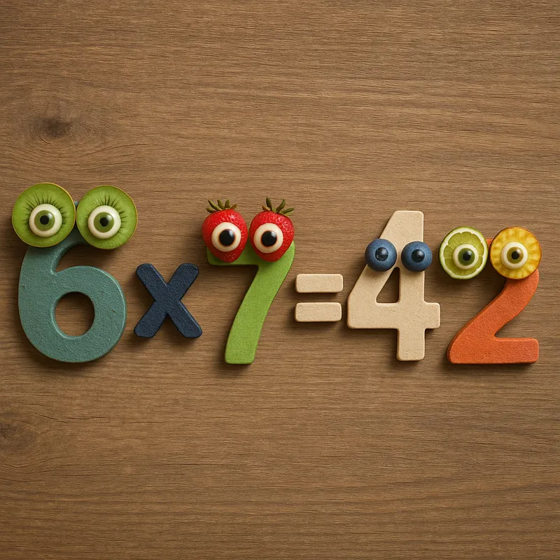 Fruit-Face Math Fun - A humorous image illustrating the 6 x 7 = 42 multiplication equation, where each digit is adorned with eyes designed from various fruits, giving the numbers a quirky and funny appearance. - AI image generated with GPT Image - photorealistic
