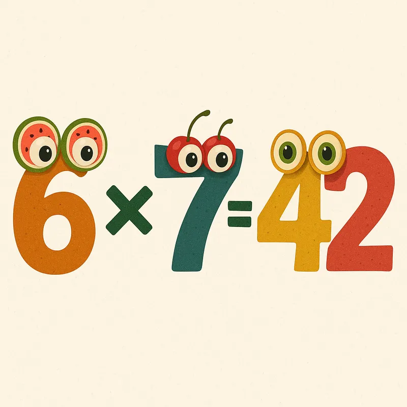 Fruit-Faced Funny Math Equation - A humorous image illustrating the 6 x 7 = 42 multiplication equation, where each digit is adorned with eyes designed from various fruits, giving the numbers a quirky and funny appearance. - AI image generated with GPT Image