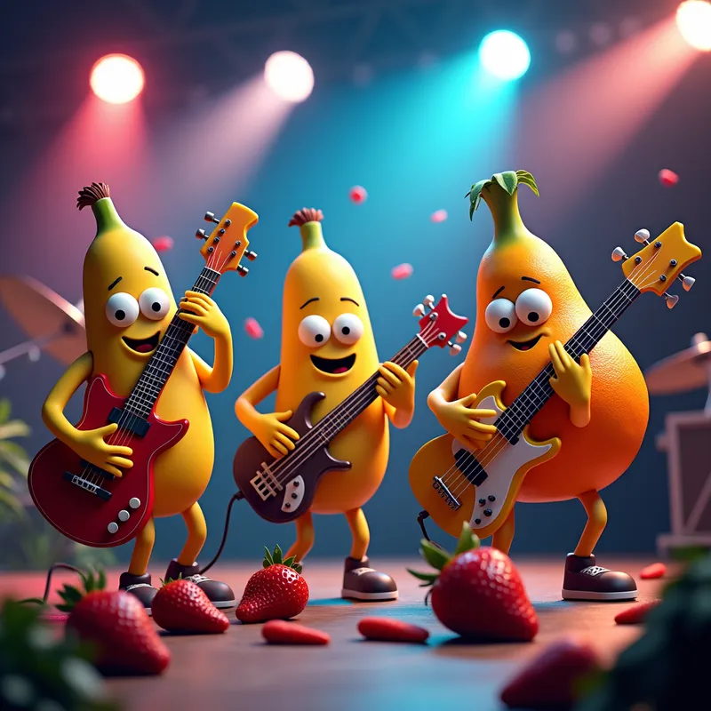 Fruit Rockstars - A vibrant scene of a rock band composed of various fruits like bananas, strawberries, and oranges, all with googly eyes, performing on a brightly lit stage with musical instruments. - AI image generated with Photorealistic 2