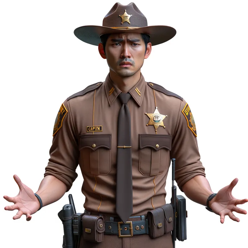 Frustrated Deputy Sheriff Waist-Up PNG - Image prompt: Create a realistic, high-resolution waist-up image of a deputy sheriff in a brown uniform, arms outstretched in frustration, with a frustrated expression. The uniform must have a star-shaped badge, captain’s bars on the collar, a visible belt with a sidearm, and no hat. There should be “* iT” on his chest. Ensure clear, defined edges throughout—especially around the arms and badge—for easy 3D modeling. Use solid, separated areas of color and tone (avoid gradients or soft shading). The deputy should face forward, with minimal overlap of arms or sidearm. The background should be transparent (PNG format preferred). - AI image generated with Art - profile view