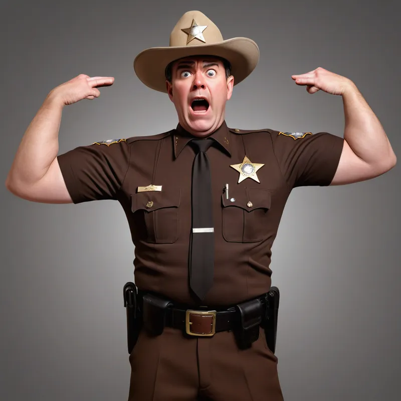 Frustrated Deputy Sheriff Waist-Up PNG - Image prompt: Create a realistic, high-resolution waist-up image of a deputy sheriff in a brown uniform, arms outstretched in frustration, with a frustrated expression. The uniform must have a star-shaped badge, captain’s bars on the collar, a visible belt with a sidearm, and no hat. There should be “* iT” on his chest. Ensure clear, defined edges throughout—especially around the arms and badge—for easy 3D modeling. Use solid, separated areas of color and tone (avoid gradients or soft shading). The deputy should face forward, with minimal overlap of arms or sidearm. The background should be transparent (PNG format preferred). - AI image generated with Photorealistic - profile view