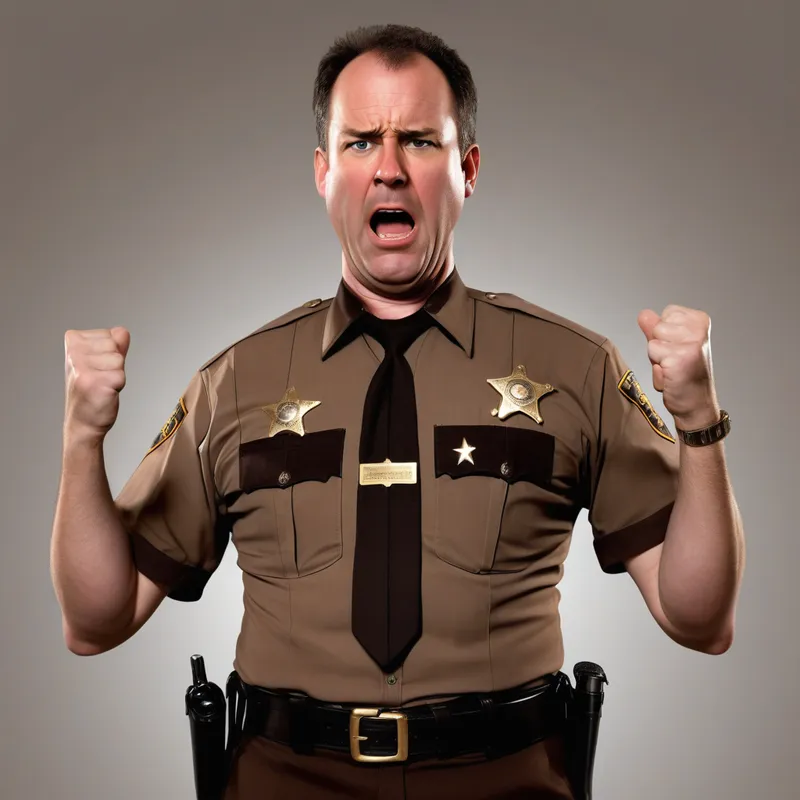 Frustrated Deputy Sheriff Waist-Up PNG - Image prompt: Create a realistic, high-resolution waist-up image of a deputy sheriff in a brown uniform, arms outstretched in frustration, with a frustrated expression. The uniform must have a star-shaped badge, captain’s bars on the collar, a visible belt with a sidearm, and no hat. There should be “* iT” on his chest. Ensure clear, defined edges throughout—especially around the arms and badge—for easy 3D modeling. Use solid, separated areas of color and tone (avoid gradients or soft shading). The deputy should face forward, with minimal overlap of arms or sidearm. The background should be transparent (PNG format preferred). - AI image generated with Photorealistic - profile view
