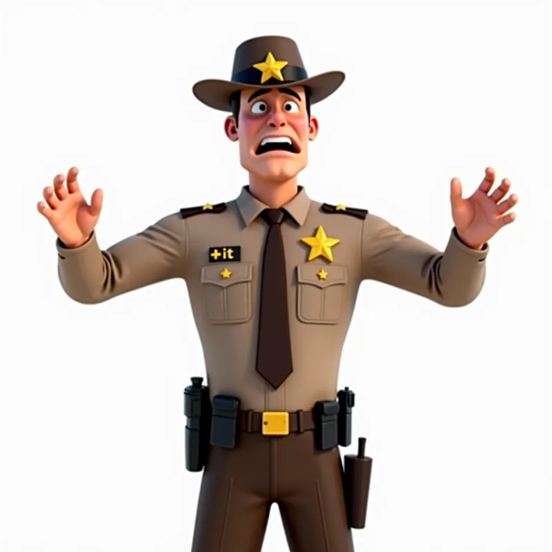 Frustrated Deputy Sheriff Waist-Up PNG - Image prompt: Create a realistic, high-resolution waist-up image of a deputy sheriff in a brown uniform, arms outstretched in frustration, with a frustrated expression. The uniform must have a star-shaped badge, captain’s bars on the collar, a visible belt with a sidearm, and no hat. There should be “* iT” on his chest. Ensure clear, defined edges throughout—especially around the arms and badge—for easy 3D modeling. Use solid, separated areas of color and tone (avoid gradients or soft shading). The deputy should face forward, with minimal overlap of arms or sidearm. The background should be transparent (PNG format preferred). - AI image generated with Photorealistic 2 - profile view