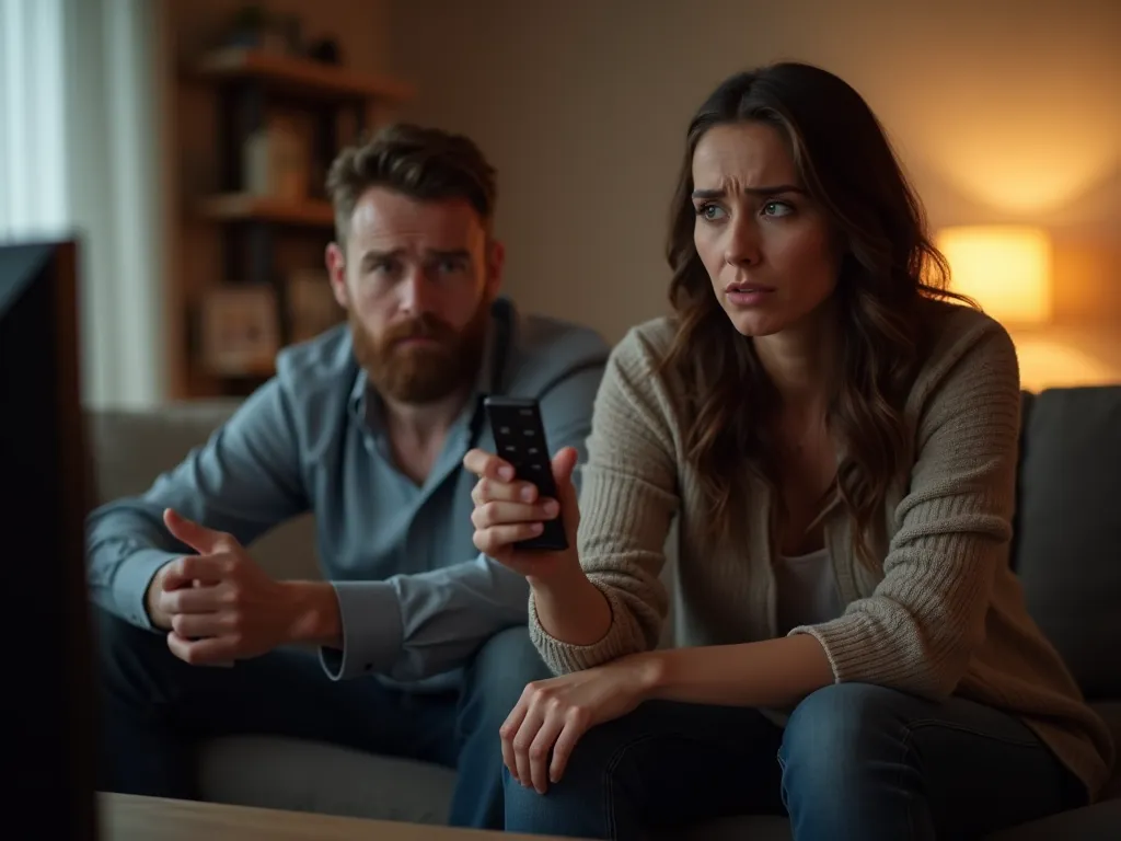 Frustrated Wife with Remote - A cozy living room scene where a wife sits on the couch beside her talking husband. The television is on in front of them, casting a soft glow in the room. The wife, visibly frustrated, holds the television remote and points it at her husband, her expression showing annoyance as he continues talking. - AI image generated with Flux