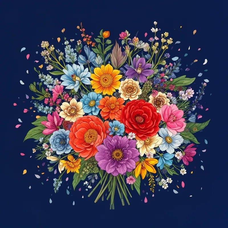 Full Bloom Reverie - A stunning floral bouquet illustration filled with vibrant blossoms of many shapes and sizes on a dark sapphire blue background. Intricate petals, layered textures, and detailed foliage create a lush and immersive composition, while scattered flower fragments add a whimsical touch. The overall mood is artistic, uplifting, and full of natural beauty, like a decorative fine art print. - AI image generated with Flux 2