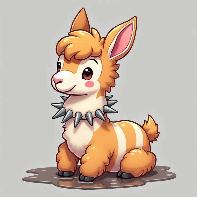 Fun-Loving Spiky Alpaca - A cute and engaging cartoon alpaca with a quirky style, sitting in a puddle. Its long neck is adorned with a distinctive white collar featuring exaggerated silver spikes. The alpaca’s brown body, white stripes, orange-and-white face, and large pink ears create an endearing look, complemented by a clean gray gradient background. - AI image generated with Photorealistic 2