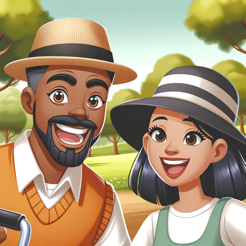 Fun at the Park - An animated, playful scene in a park with Eleazar, a brown guy with 5 chins, and a cheerful lady with 4 chins and black hair, wearing a casual hat that says 'Miah'. They are enjoying a sunny day with laughter and fun activities. - AI image generated with Art