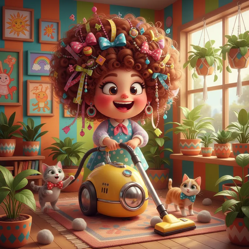 Funky Flair: The Queen of Clean - An exuberant female character with funky, oversized coiffure, bedecked with colorful ribbons and embellishments. Her huge expressive eyes and bright cheeks glow with delight as she commands a retro-styled vacuum cleaner in sunny yellow. Cats in polka-dotted bowties frolic at her feet. The scene is set within a cozy, vibrant room lined with whimsical art and lush indoor plants in 3D cartoon style. - AI image generated with Nano Banana