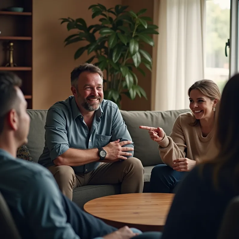 Funny Moment Relief - A group of people seated in a living room, with one man looking extremely relieved, giving a subtle smile, as others laugh and point at someone else who is the punchline of a joke. - AI image generated with Photorealistic 2