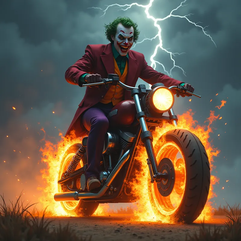 Furious Joker - A furious Joker towering in size rides a massive motorcycle engulfed in flames, surrounded by lightning in a dark, stormy landscape. - AI image generated with Photorealistic 2