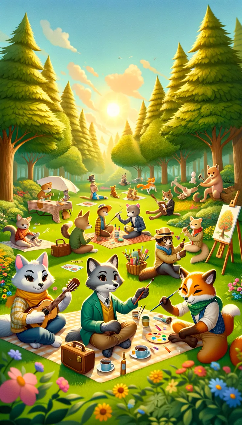 Furry Forest Haven - A vibrant and cozy forest scene filled with anthropomorphic animal characters, known as furries. The animals are engaging in various activities such as having a picnic, playing musical instruments, and painting. The setting is warm and inviting, with lush green trees, colorful flowers, and a bright, clear sky. Each character is dressed in unique, stylish clothing that reflects their personality, blending human and animal traits harmoniously. - AI image generated with Art