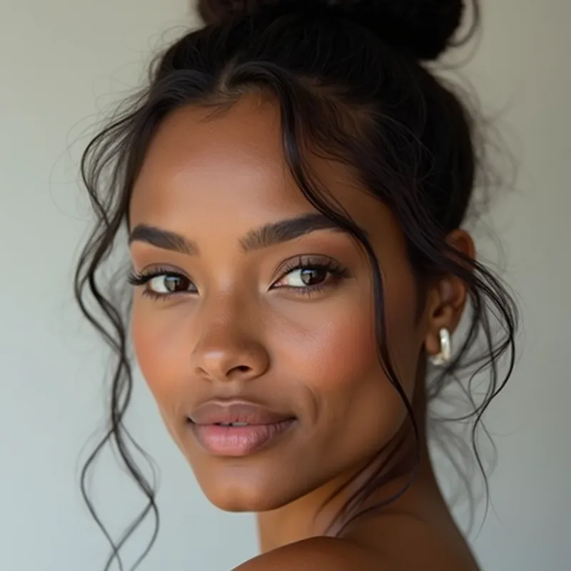 Fusion Beauty - A contemporary portrait of a female with a face perfectly blending African, American Indian, Asian, and European origins. The photo is crisp, with her hair styled simply, drawing attention to her unique, globally inspired features and clear, glowing skin. - AI image generated with Photorealistic 2