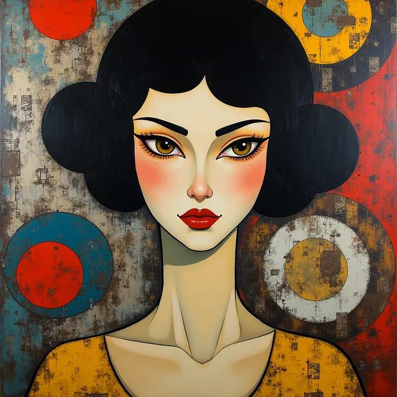 Fusion Portrait by Master Artists -  Painting of a Woman by Timur Fork, Klimt, Herman Brood, VanDongen, Of Klint, Enki Bilal merged - AI image generated with Photorealistic 2