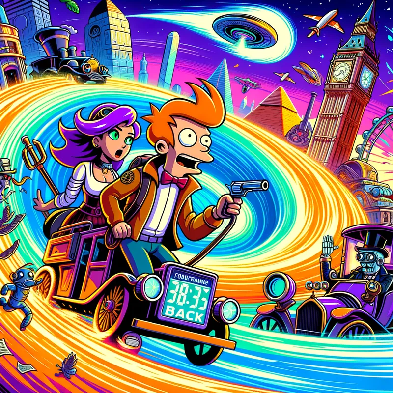 Futurama Style BRB Background - Time Travel - A 'Be Right Back' background for Twitch featuring Fry, Leela, and Bender traveling through a time vortex, with scenes from different historical eras and futuristic settings blending together in a dynamic Futurama style. - AI image generated with Art