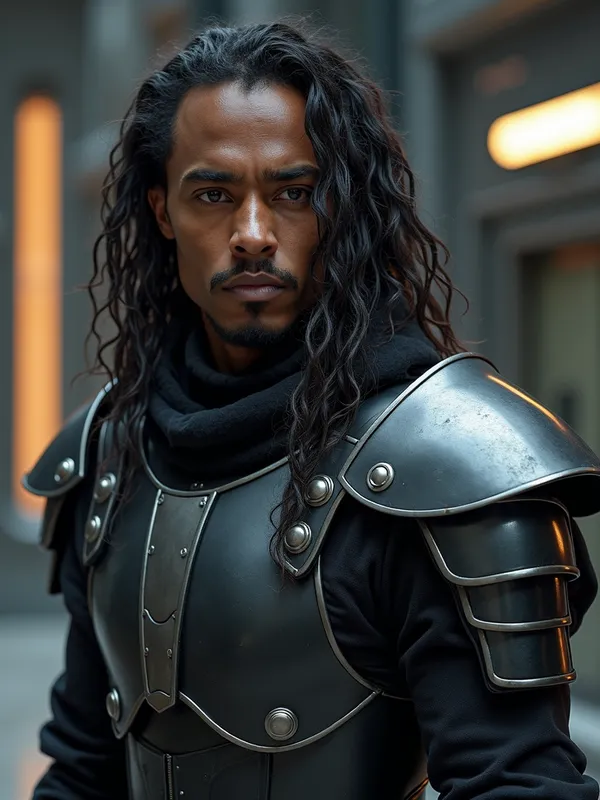 Future Armored Warrior - A male person is wearing dark, layered armor with angular shoulder pads and detailed fabric underneath. The background features a futuristic environment with metallic and illuminated panels. The person's hair is long and wavy, cascading over their shoulders. dark skin. v-förmige makante wulste auf stirn und nase. - AI image generated with Photorealistic 2
