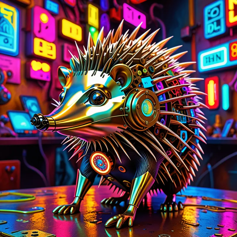Future Brass Sonic Bloom - A striking steampunk hedgehog hybrid in the center of a colorful cyberpunk world, featuring polished brass machinery, luminous cyber implants, and sharp expressive eyes. A cool gadget with sleek hovering technology flies in the background, with vivid neon signs and dramatic atmospheric lighting. - AI image generated with Fictional - cyberpunk, Salvador Dali, high dynamic range