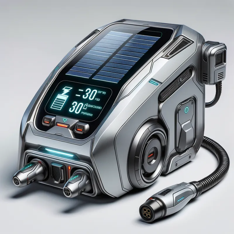 Future Charge: Portable EV Power - Create a product that consists of a futuristic portable charger for electric cars - AI image generated with Art