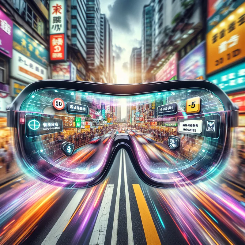 Futuristic AR Glasses Navigation in City - Augmented Reality glasses in the center of a busy city road, showing GPS navigation with a speed limit icon on the top left lens and a list of 5-star restaurants on the top right lens. The digital overlay is non-obtrusive leaving clear view through the lenses. The glasses look futuristic. The city is shown in daylight. the image is joyful and sparrks imagination. - AI image generated with DALL-E 3 - vivid colors, fish eye, alcohol ink