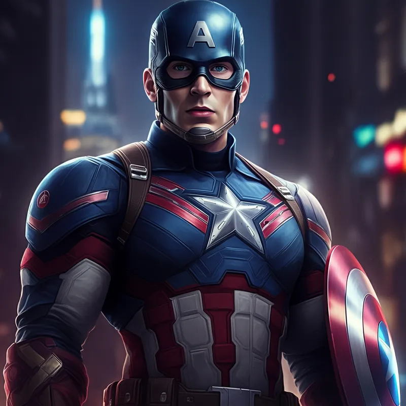 Futuristic Captain America in Iron Suit - Captain America wearing a high-tech, sleek suit inspired by Iron Man's armor. The suit should have a blend of red, white, and blue colors with a glowing star on the chest, advanced gadgets, and a futuristic design. The background should be a cityscape at night with bright lights. - AI image generated with Imagen 3