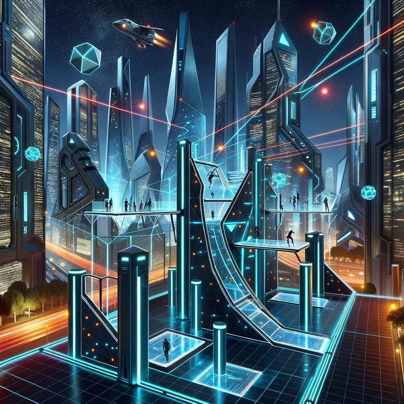 Futuristic City Obstacle Course - Visualize a state-of-the-art obstacle course located within a bustling metropolitan cityscape. The course features neon-lit climbing walls, transparent glass bridges, and laser-tagged paths, with sleek skyscrapers and flying vehicles in the background. The design is modern, with a high-tech aesthetic. - AI image generated with Art
