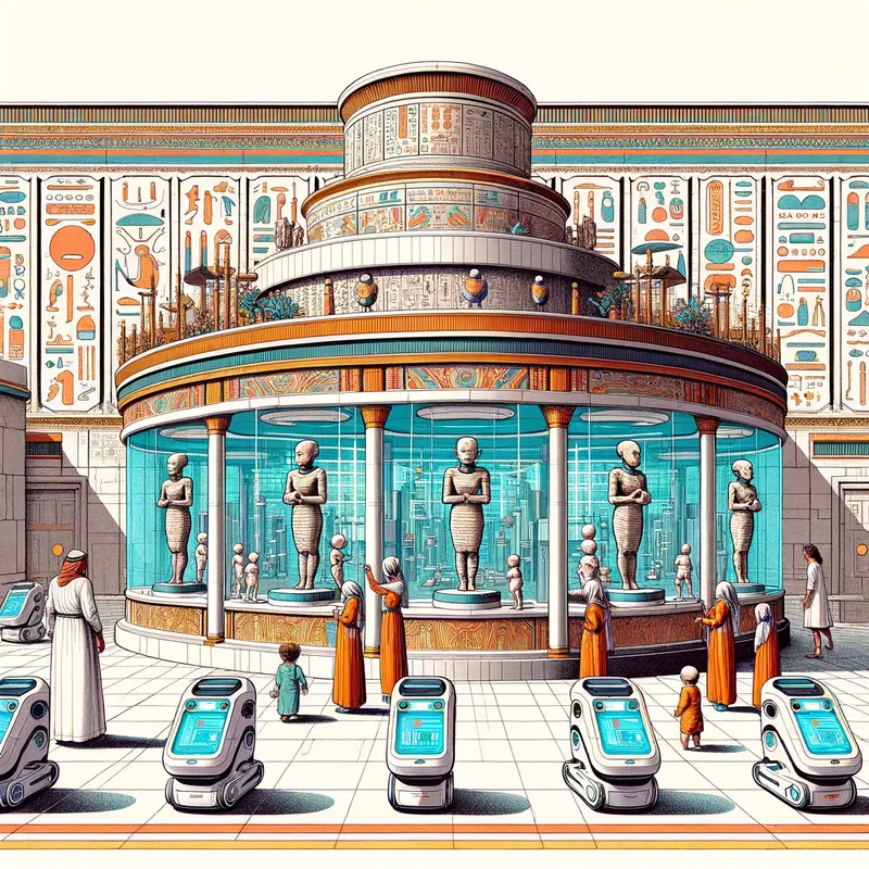 Futuristic Egyptian Nursery - A high-tech nursery in Egypt filled with advanced AI robots taking care of toddlers, blending ancient Egyptian architecture with ultra-modern technology, hieroglyphics on digital screens, and Pharaoh statues integrated with AI interfaces. - AI image generated with Art - typography drawing, highlights: Nikon D700, Nikkor 50mm 1.8, master shot