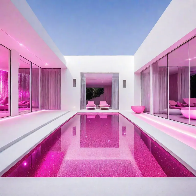 Futuristic Glittery Pool - futuristic white and pink glittery swimming pool - AI image generated with Photorealistic