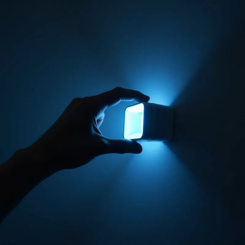 Futuristic Hand Scanner Entry - An artistic shadow of a hand about to touch a fingerprint-scanning terminal, with soft blue lights illuminating the device, evoking a sense of workplace security technology. - AI image generated with Photorealistic 2