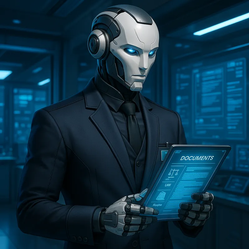 Futuristic Humanoid Legal Process Server - A futuristic humanoid process server, blending human and robotic elements, dressed in a sleek, modern uniform. The server holds a digital tablet, with a holographic interface displaying legal documents. The background features a high-tech office with digital screens and advanced technology. - AI image generated with GPT Image