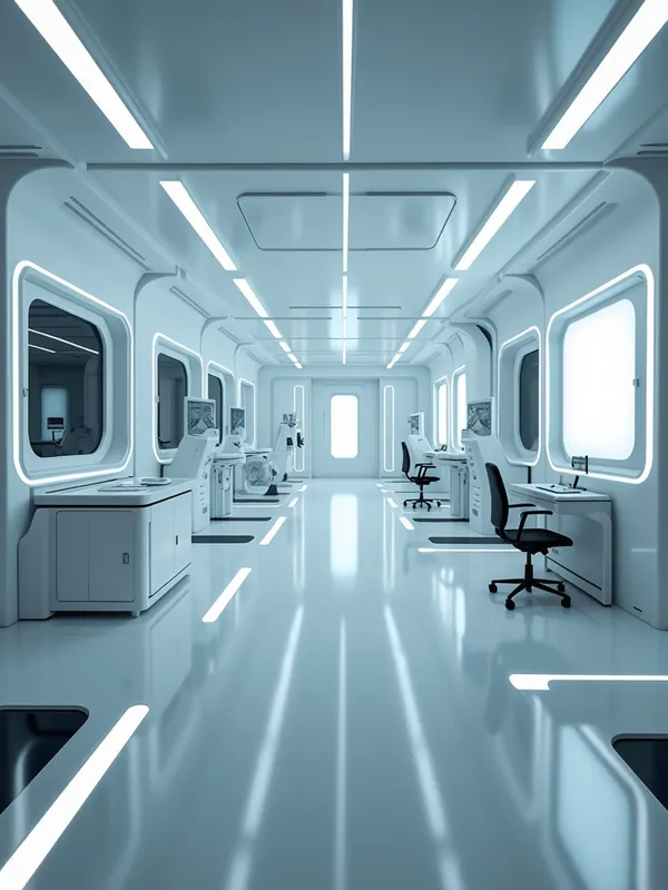 Futuristic Minimal Tech Lab - A sleek, futuristic laboratory with minimalistic design elements. The room is illuminated by glowing lights embedded in the walls and floors, casting a soft, ambient glow. Advanced technological equipment is arranged neatly in the space, with clean lines and a decluttered aesthetic. The overall look is high-tech, modern, and minimal, emphasizing simplicity and functionality in a futuristic setting. - AI image generated with Photorealistic 2